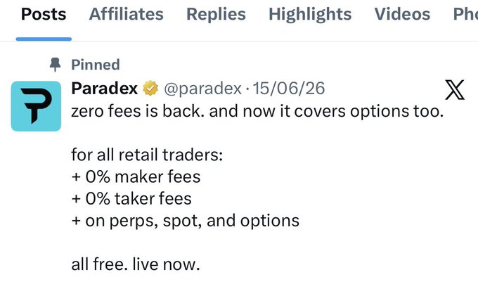 A pinned post from Paradex (@paradex) dated 15/06/26 announces the return of zero fees, offering 0% maker and taker fees on perps, spot, and options for all retail traders. This relates to the accompanying post pointing out the irony that Paradex had reintroduced fees (like a 0.0075% retail taker fee) on March 25, 2026, only to bring back the zero-fee model it originally launched with.