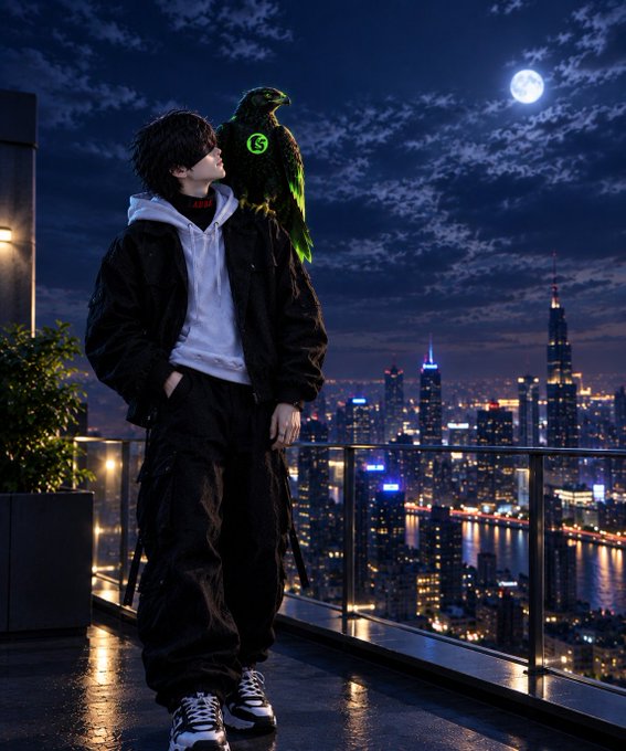 A digital artwork depicting a young man in black streetwear standing on a balcony at night with a glowing green parrot on his shoulder, overlooking a brightly lit city skyline under a full moon.