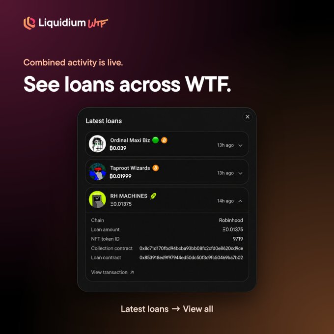 A promotional graphic for Liquidium showing 'Combined activity is live' with a list of latest loans including 'Ordinal Maxi Biz', 'Taproot Wizards', and 'RH MACHINES' with associated contract details.