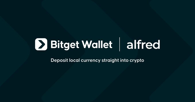 A Bitget Wallet logo and "alfred" logo appear side by side on a dark teal background, with the tagline "Deposit local currency straight into crypto" below them, promoting the new partnership that enables users in Latin America to convert local currencies like BRL, ARS, MXN, and COP into USDT directly in their wallet via bank transfer.
