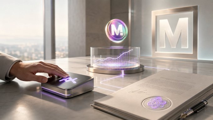 The image shows a person's hand pressing an illuminated "X" button on a sleek metallic terminal, next to a holographic "M" sphere and a glowing "M" display, with a signed document bearing a circular seal resting on a desk. The visual echoes the post's metaphor: the touch on the terminal represents $XPR's transactional convenience, the illuminated displays and cityscape imply the capital appetite of $LOAN, and the signed, sealed document embodies $METAL's credibility—three elements converging in one frame where convenience, capital, and credibility no longer live apart.