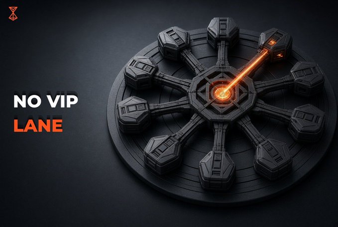 A dark promotional graphic with text 'NO VIP LANE' on the left and a 3D render of a circular sci-fi mechanism with a glowing orange laser on the right.