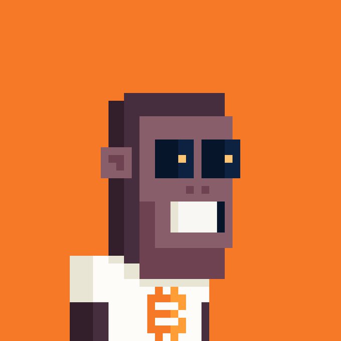The image is a pixel art portrait of a smiling dark-skinned character wearing pixelated sunglasses and a white shirt featuring an orange Bitcoin "₿" symbol on the chest, set against a bright orange background — visually matching the playful crypto-themed humor hinted at in the post's mention of @BITFOOTS_ and the Bitcoin logo's prominence.