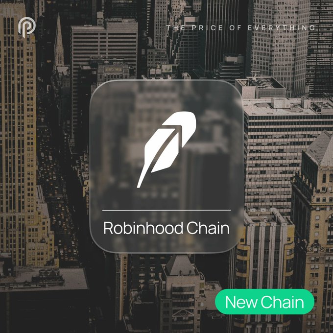 The image features a dark cityscape background with the Robinhood Chain logo—a white feather icon in a translucent square—and a green "New Chain" badge in the bottom right corner. Text at the top reads "THE PRICE OF EVERYTHING," reinforcing the post's announcement of Pyth now providing 24/7 market data feeds for US and global equities, indices, FX, commodities, metals, and crypto on Robinhood Chain.