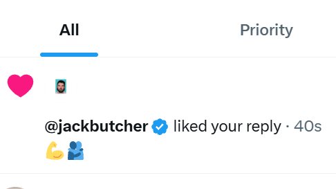 A Twitter/X notification showing that @jackbutcher with a verified badge liked your reply, with heart and person emoji reactions.