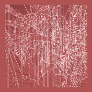 Abstract artwork featuring chaotic white scribbled lines overlaid on a textured red and pink background.