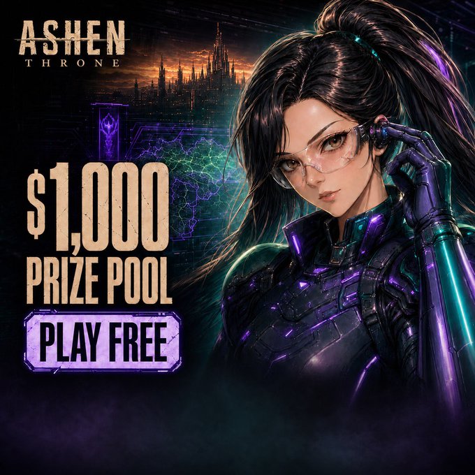 Promotional artwork for "Ashen Throne" featuring a cybernetically enhanced warrior in glowing purple armor against a futuristic dystopian skyline, advertising a "$1,000 Prize Pool" with a "Play Free" button. The image visually reinforces the post's pitch of a free-to-play post-apocalyptic sci-fi strategy game by showcasing its dark, tech-noir aesthetic.