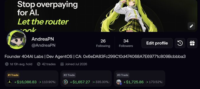 A social media profile for AndreaPN (@AndreaPN) displaying 26 following and 34 followers, identified as Founder of 404AI Labs, with trading results showing +$16,086.83 (110.90%), +$1,657.27 (335.00%), and +$1,725.86 (173.52%).