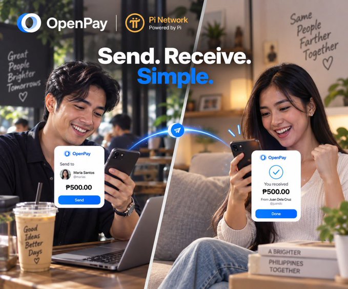 The image is a promotional graphic for OpenPay (powered by Pi Network) showing two people—one sending ₱500.00 to Maria Santos on the left, and another receiving ₱500.00 from Juan Dela Cruz on the right—connected by a payment arrow, visually reinforcing the tagline "Send. Receive. Simple." and illustrating how the app enables easy peer-to-peer transactions between everyday users.