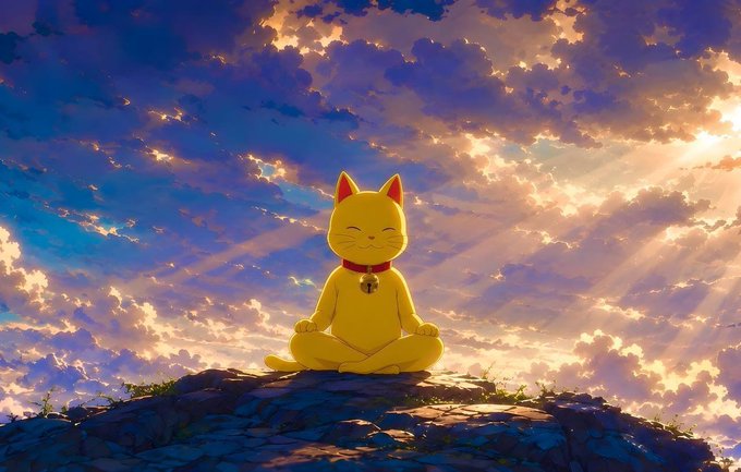 A serene golden cat sits in a meditative lotus pose atop a rocky cliff, bathed in dramatic sunset light streaming through colorful clouds, wearing a red collar with a bell. The image mocks a poorly AI-replicated version of the "cets" NFT art style, parodying the spiritual, sunlit aesthetic that made the original collection famous while emphasizing the low-effort imitation.