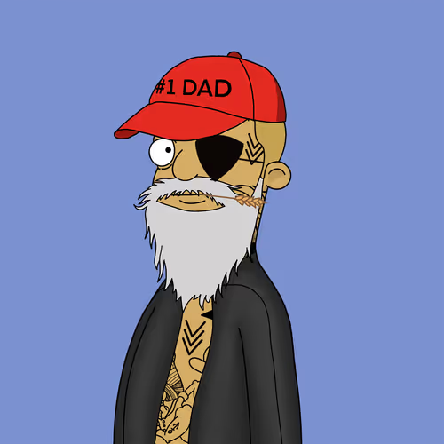 A cartoon illustration of a pirate character with a white beard, eyepatch, tattoos, and a red '#1 DAD' cap set against a blue background.