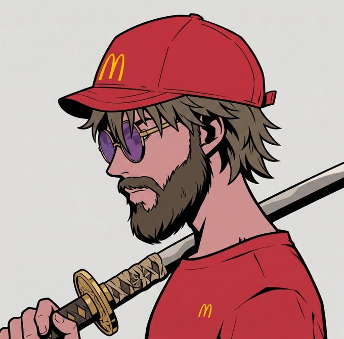 An anime-style illustration of a bearded man wearing a red cap and shirt with McDonald's logos, purple sunglasses, and holding a katana over his shoulder.