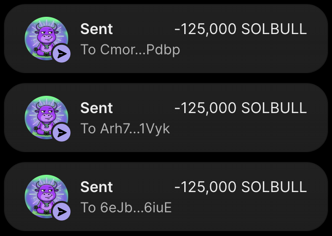 A screenshot of a crypto wallet transaction history showing three identical "Sent" transfers of 125,000 SOLBULL each to truncated addresses (Cmor...Pdbp, Arh7...1Vyk, and 6eJb...6iuU), supporting the promotional airdrop campaign offering 125K $SOLBULL tokens to the first 500 participants who submit their $SOL address and engage with the pinned post.