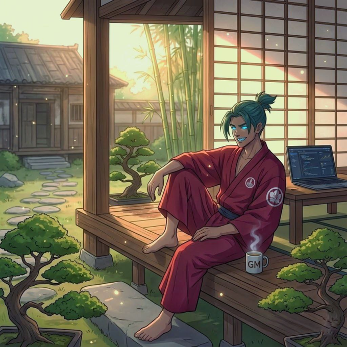 The image features a man dressed in traditional Japanese clothing, sitting on a bench with his legs crossed while holding a cup of coffee. The scene takes place outdoors, with potted plants surrounding him. There are also two laptops visible in the background, suggesting that he might be working or studying from home.
