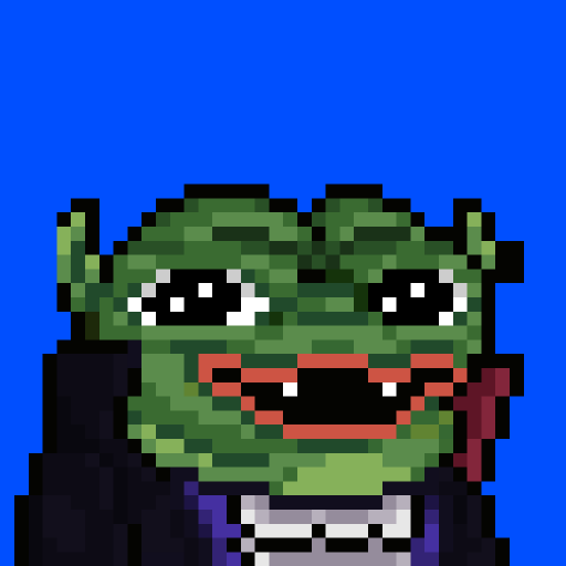 A pixel art portrait depicts a green frog-like character with red lips and large eyes wearing a white shirt and purple jacket against a solid blue background.