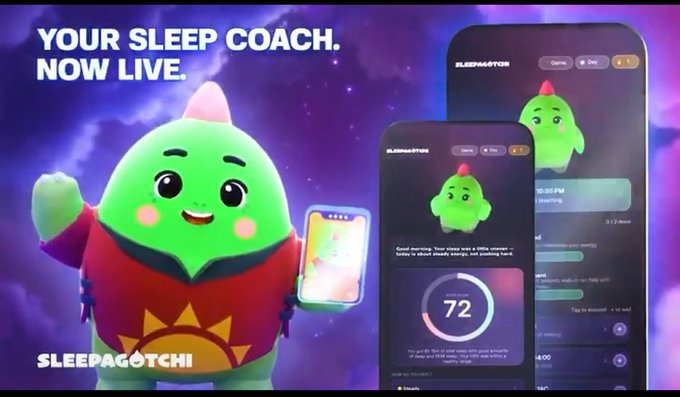 The image features an advertisement for a sleep tracking app called "@sleepagotchi", which is designed to help users track their sleeping patterns and improve their overall sleep quality. The main character of the ad is a green robot, or toy, that appears to be holding a cell phone in its hand. The robot has a friendly face and is smiling at the viewer.

The text on the image reads "Your Sleep Coach. Now Live." This suggests that the app is designed to assist users with their sleep habits by providing guidance and support for better sleep. The post also mentions that the app was created by @sleepagotchi, which is a popular social media platform known for its creative content related to sleep and relaxation.