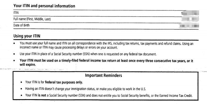 An informational document section about ITIN (Individual Taxpayer Identification Number) usage, including 'Your ITIN and personal information' and 'Important Reminders' stating that an ITIN is for federal tax purposes only and is not a Social Security Number.