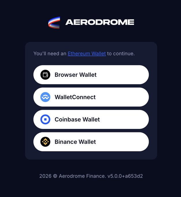 Aerodrome Finance wallet connection interface offering options for Browser Wallet, WalletConnect, Coinbase Wallet, and Binance Wallet, noting you'll need an Ethereum Wallet to continue.