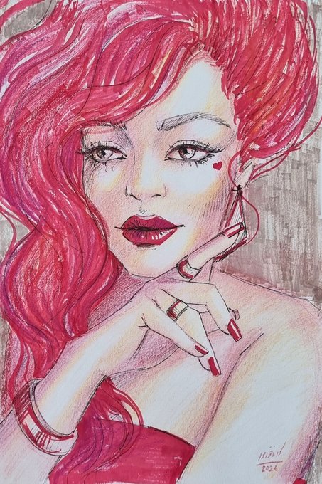 A colored pencil illustration of a woman with vibrant red hair, red lipstick, and a small heart face tattoo, holding glasses near her face.