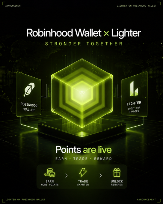 A promotional graphic for 'Robinhood Wallet x Lighter' partnership announcing that 'Points are live' with the tagline 'EARN MORE POINTS > TRADE SMARTER > UNLOCK REWARDS' around a glowing green cube.