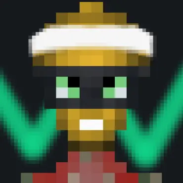 A pixel-art avatar of a character with a gold helmet, glowing green eyes, and green energy ribbons on either side, fitting the post's Web3 daily-check-in vibe of "stacking pixels." The 8-bit warrior visually echoes the creator's ongoing, gamified streak of building and shipping in Web3, day by day.