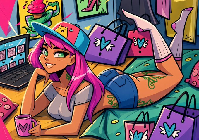 A vibrant digital illustration of a pink-haired anime-style girl wearing a cat-eared cap, lying on her stomach in a colorful room filled with shopping bags featuring winged heart logos and a laptop.