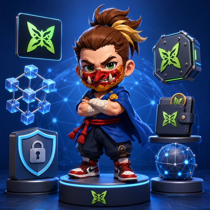 3D-rendered illustration of a young martial artist character wearing a red oni mask, surrounded by floating blockchain-themed icons including green butterfly logos, blue cubes, and security shields.
