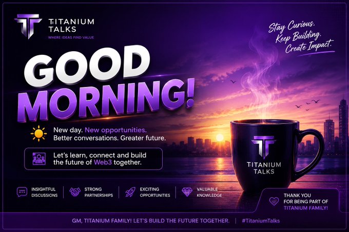 A "GOOD MORNING!" promotional banner for "TITANIUM TALKS" featuring a steaming mug against a sunset city skyline, with text highlighting "Web3" and "Stay Curious. Keep Building. Create Impact."