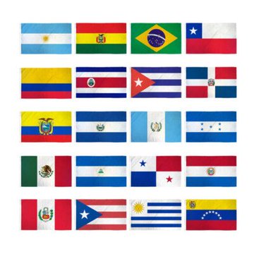 A grid displays 20 national flags of Latin American countries including Argentina, Brazil, Chile, and others.