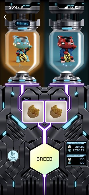 A mobile app interface showing two NFT characters in glass containers with Asian-character talismans, positioned above a 'BREED' button with slots containing gold cat food icons.