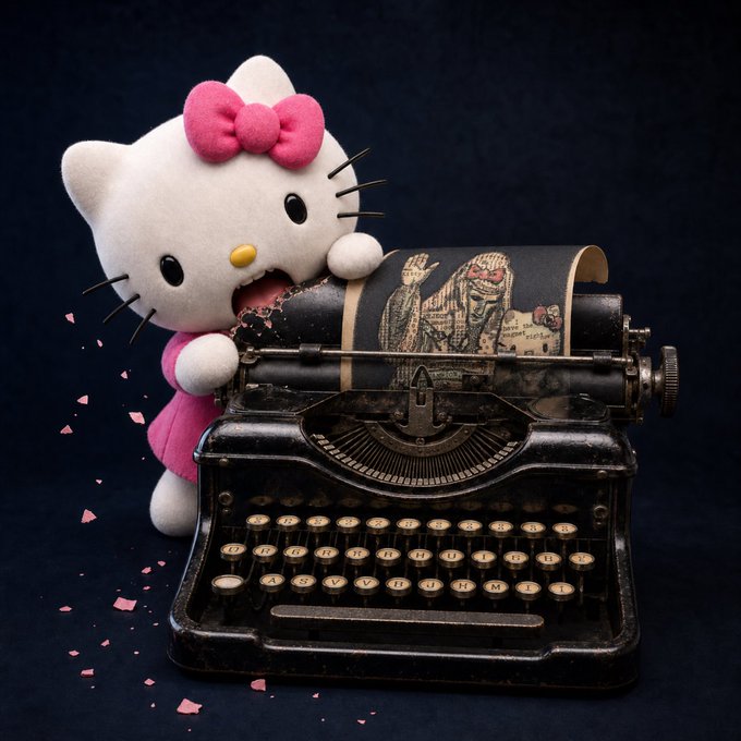 A surreal photograph of a Hello Kitty plush biting into an antique black typewriter with a scary face design printed on the paper.