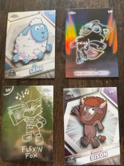 Four collectible character cards displayed on a wooden surface, including characters labeled 'LILAH', 'STARSHIFT', 'FLEXN FOX', and 'LIBSON'.