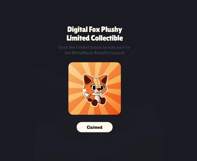 The image shows a screenshot of a web page from the Digital Fox Plushy Limited Edition Limited Edition limited collector's edition that features a unique orange cartoon fox character, which appears to be an e-book or limited edition item with additional content related to metamask nft and its benefits. A claim button is visible in the bottom right corner, and it seems like someone has already claimed this particular collector's edition item on this platform.