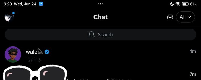 A mobile chat interface screenshot from 9:23 Wed, Jun 24, showing a contact named 'wale' typing, with 61% battery and a moon icon displayed in the status bar.