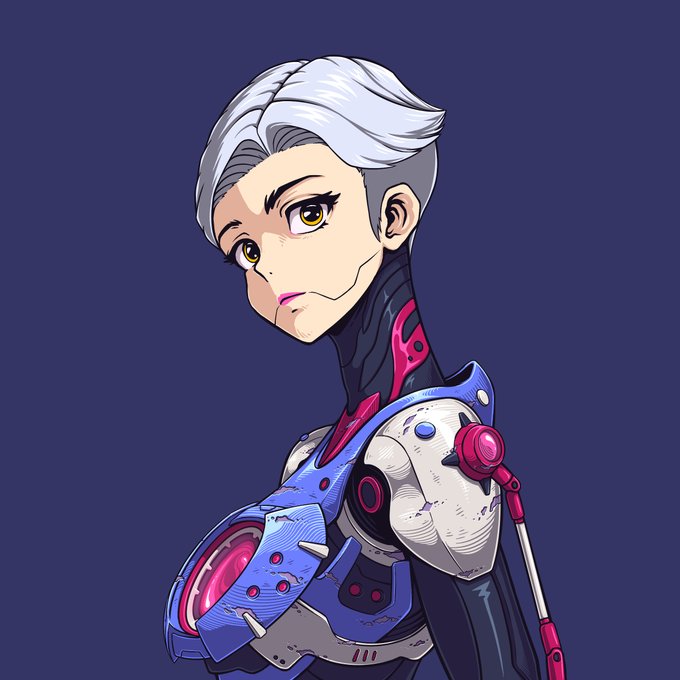 A stylized illustration of an anime-style cyborg character with short white hair, a black neck, and blue and pink mechanical armor against a dark blue background.