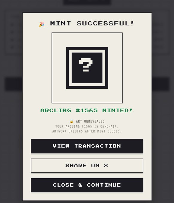 A mobile interface confirms a successful NFT mint, displaying 'MINT SUCCESSFUL!' and 'ARCLING #1565 MINTED!'.