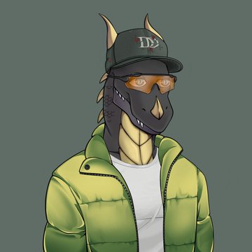 A digital illustration of a character wearing a green puffer jacket, a black cap with 'DD', and an orange and black face mask, appearing to be a humanoid bird or demon.
