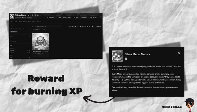 Promotional graphic for "Ethos Meow Meows" NFT collection showing the OpenSea marketplace listing and a description panel stating "6,193 Meow Meows — one for every eligible Ethos profile that burned XP at the start of Season 2," with text "Reward for burning XP."