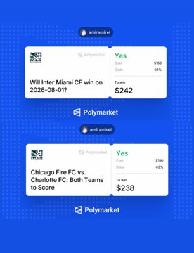 A blue screen shows two Polymarket prediction bets resolved as 'Yes' on Inter Miami CF and Chicago Fire FC soccer matches.