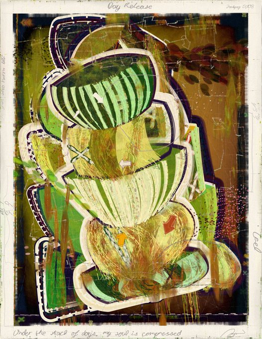 A vibrant mixed-media abstract artwork titled "Day Release" by Janke (signed 2023) features a stylized figure with a green-striped head in dynamic, layered greens and golds. The handwritten inscription at the bottom reads, "Under the stack of days, my soul is compressed," echoing the piece's theme of time's weight on the spirit, as referenced in the accompanying post about the newly minted Jankpop #125.