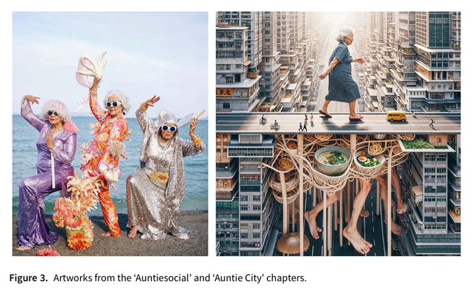 Two surreal artworks labeled as 'Figure 3. Artworks from the Auntiesocial and Auntie City chapters,' showing elderly women in colorful outfits by the sea and a giant woman walking across a cityscape with noodle-like roots below.