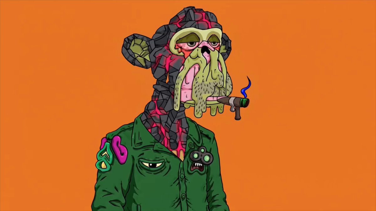 The image features a cartoon monkey wearing a green jacket, smoking a cigarette while standing against an orange background. The caption of the image reads "The Whatever Show: Episode 3 - An APE livestream hosted by @grimyfrankie & @Timmygspt Special guests @Kingpickle & @freshout".
