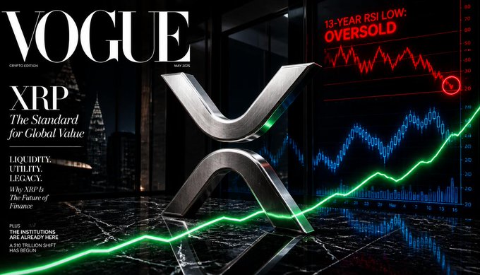 A VOGUE Crypto Edition cover from May 2025 featuring XRP with text 'XRP - The Standard for Global Value', 'LIQUIDITY. UTILITY. LEGACY. Why XRP Is The Future of Finance', alongside charts showing '13-YEAR RSI LOW: OVERSOLD'.