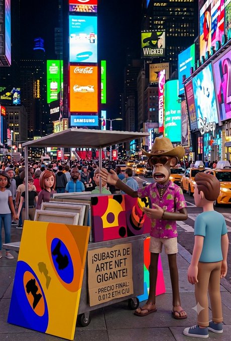 A 3D-rendered nighttime street scene in Times Square featuring an NFT art stand with a sign reading '¡SUBASTA DE ARTE NFT GIGANTE! - PRECIO FINAL: 0.012 ETH C/U', run by an anthropomorphic monkey character wearing a cowboy hat.