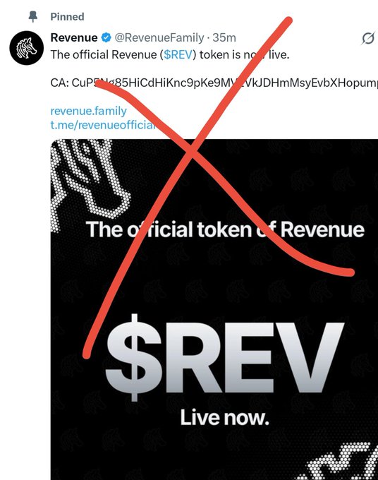 A screenshot of a pinned tweet by 'Revenue (@RevenueFamily)' announcing the official Revenue ($REV) token is live, with a large red 'X' drawn over the image.