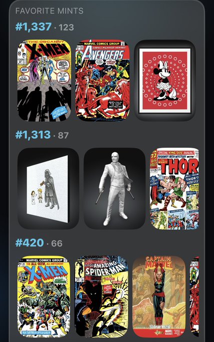 A mobile app screenshot showing a "FAVORITE MINTS" collection of digital collectibles, featuring comic book covers like X-Men #1, The Avengers #1, and a Mickey Mouse card, organized by collection IDs like #1,337 and #1,313.