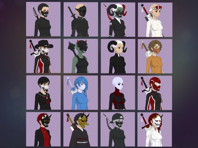 A 4x4 grid displays various stylized character portraits, mostly featuring demonic or masked figures, each with a sword strapped to their back against a purple background.