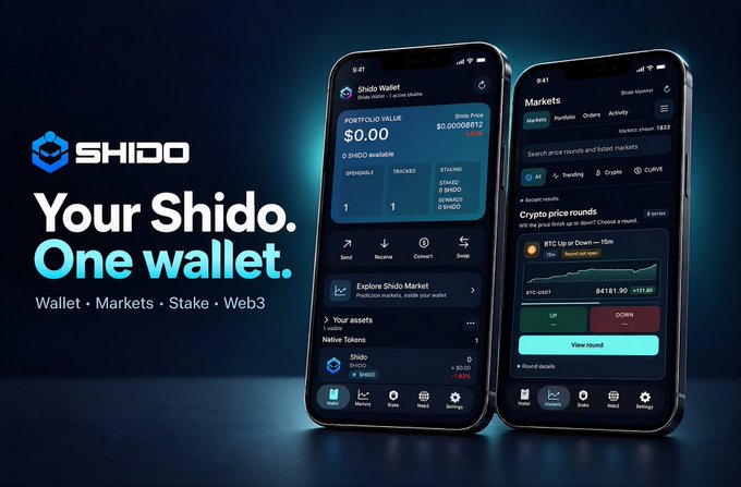 Promotional image for the Shido Wallet app with the tagline 'Your Shido. One wallet.' and features 'Wallet · Markets · Stake · Web3', showing two smartphones displaying the app interface.