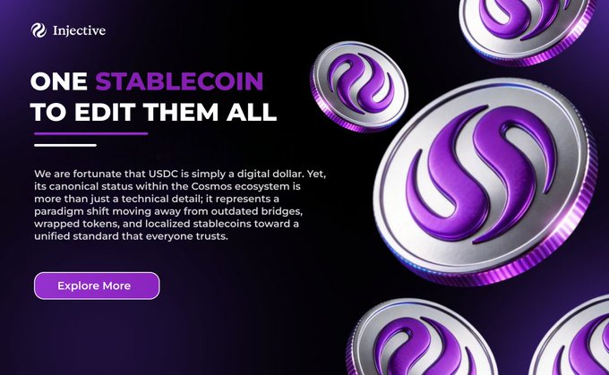 An advertisement for Injective featuring purple and silver coins, with the headline 'ONE STABLECOIN TO EDIT THEM ALL' discussing USDC within the Cosmos ecosystem.