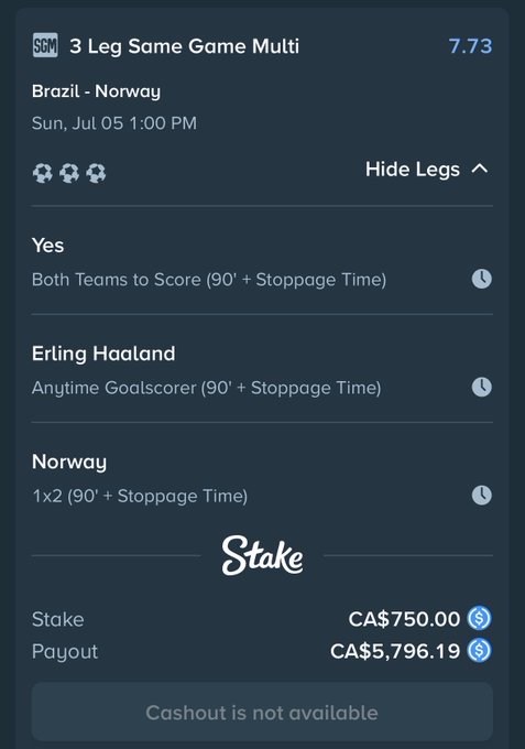 A Stake betting slip shows a 3-leg same game multi on the Brazil vs Norway match (Sun, Jul 05 1:00 PM) featuring Both Teams to Score, Erling Haaland anytime goalscorer, and Norway 1x2 — with a CA$750 stake returning CA$5,796.19 at 7.73 odds. The image ties to a $500 ETH giveaway promotion requiring users to repost and reply with their USDT or Stake username for a chance to win if this multi bet hits.